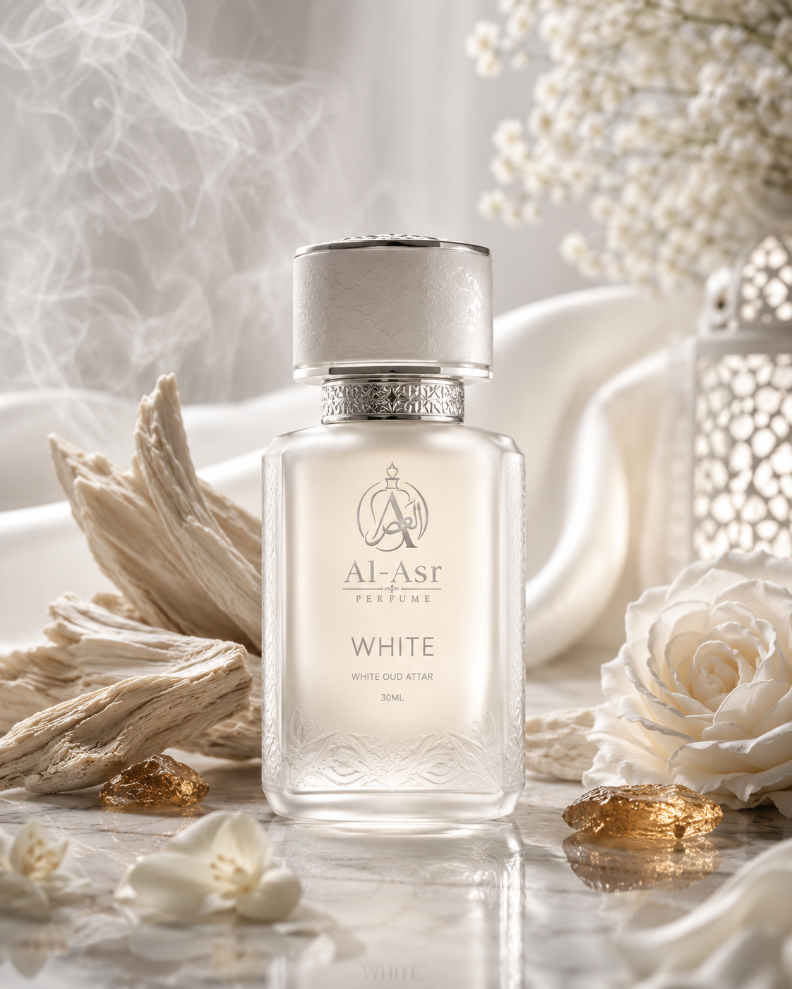 White Oud Attar luxury perfume bottle with white floral and creamy oud aesthetic